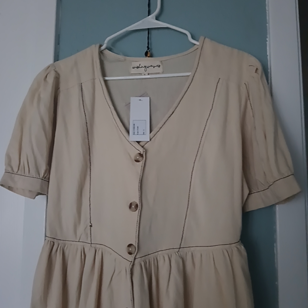 Relaxed Cream Midi Dress with Button Front